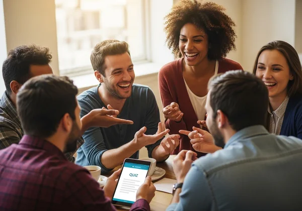 Diverse group happily discussing Hogwarts house quiz results