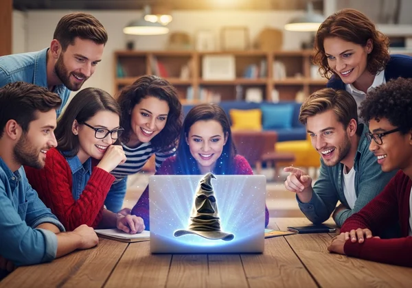 Hogwarts sorting hat on a laptop screen, diverse group watching