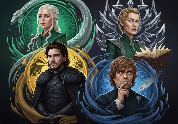 Daenerys, Jon, Tyrion, Cersei Hogwarts bina renklerinde