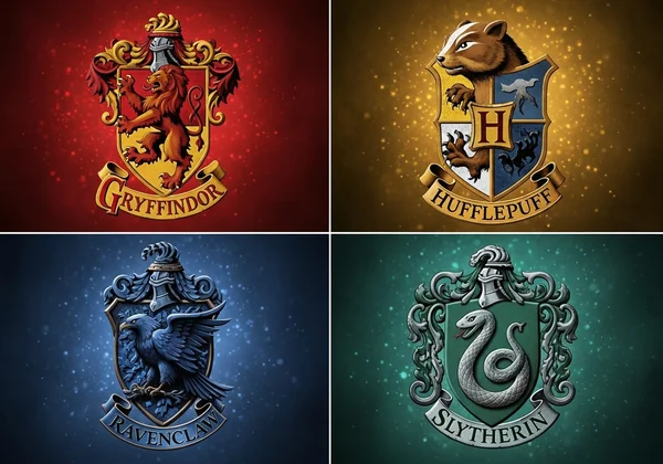Gryffindor, Hufflepuff, Ravenclaw, Slytherin için resimli armalar