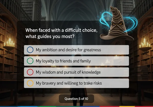 Bir kullanıcının çevrimiçi Hogwarts binası sıralama testini çözmesi