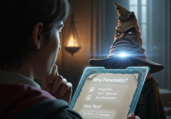 Person contemplating magical questions with a sorting hat or quiz.