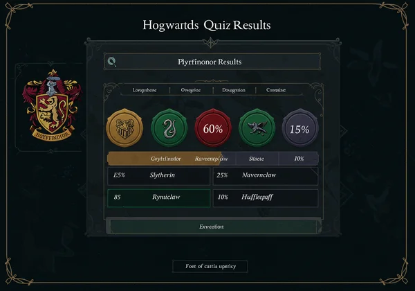 A quiz result screen showing house percentages breakdown.