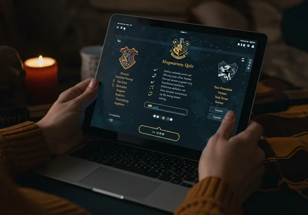 Person taking a Hogwarts House Quiz on a tablet.
