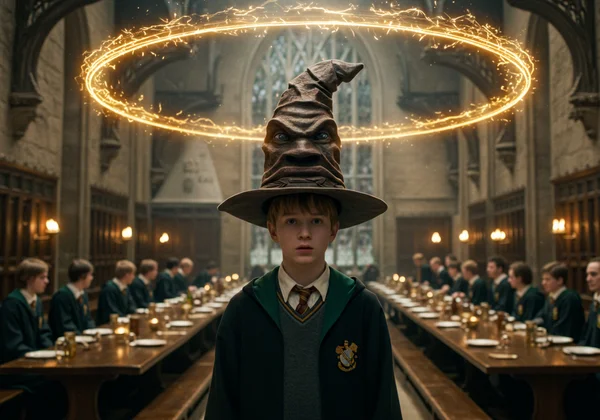 Sorting Hat on a student's head, revealing their house.