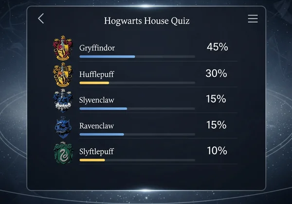 Screen displaying Hogwarts quiz results with house percentages.