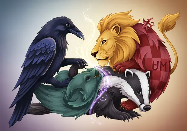 Abstract blend of two Hogwarts house symbols, like Ravenpuff.