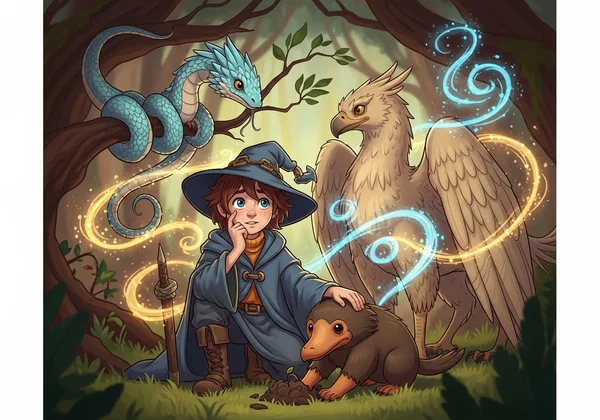 Illustration of a wizard with various fantastic beasts