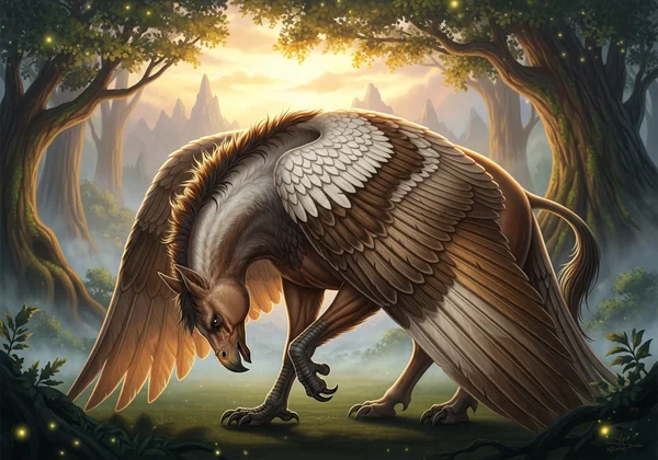 A majestic Hippogriff bowing respectfully