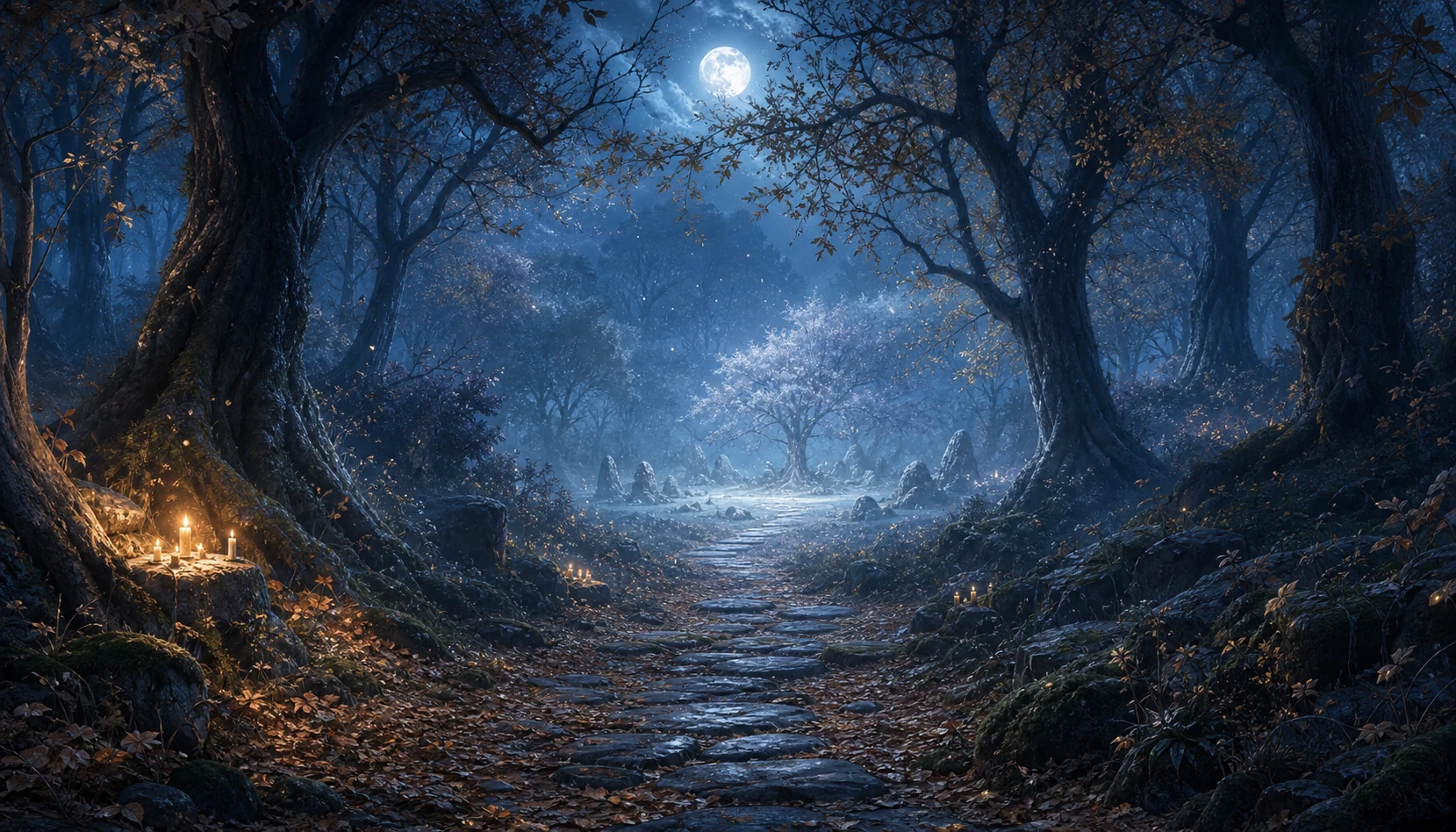 Misty wizarding forest path