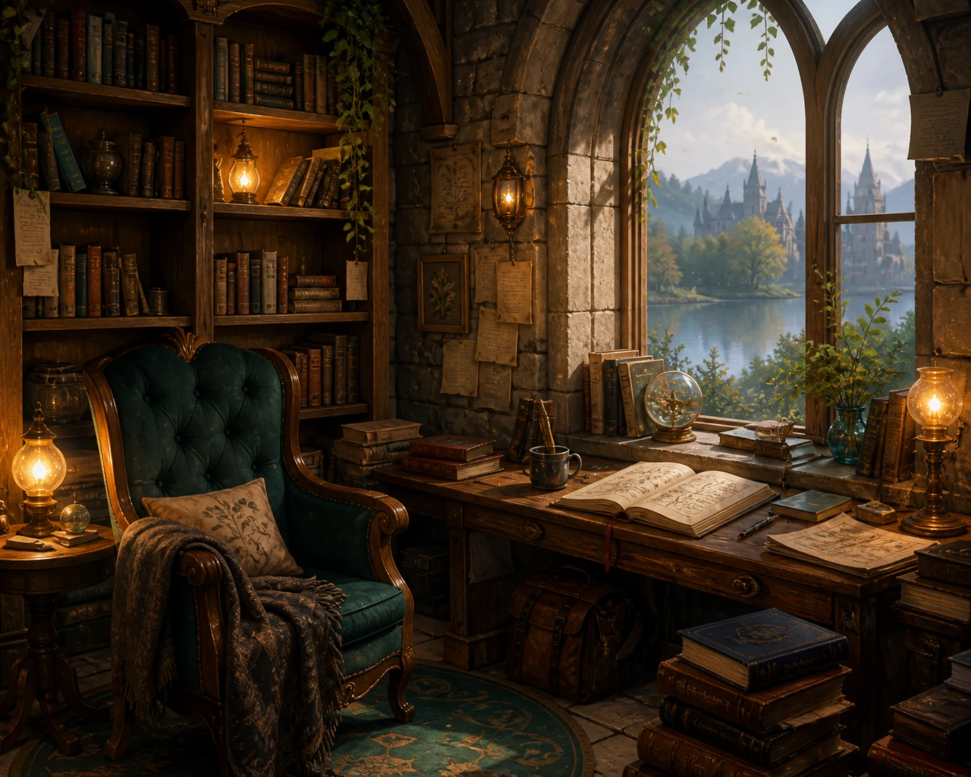 Cozy magical library reading nook